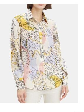 Derek Lam 10 Crosby Map Print Blouse Shirt Italy Button Down Yellow Pink Size 4